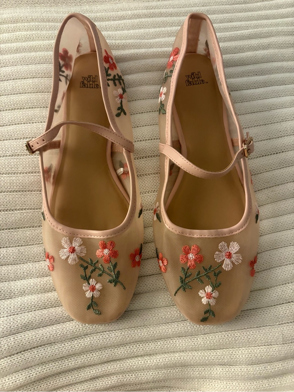 WILD FABLE - Pink Floral Mesh Mary Jane Flats with Embroidered Flowers